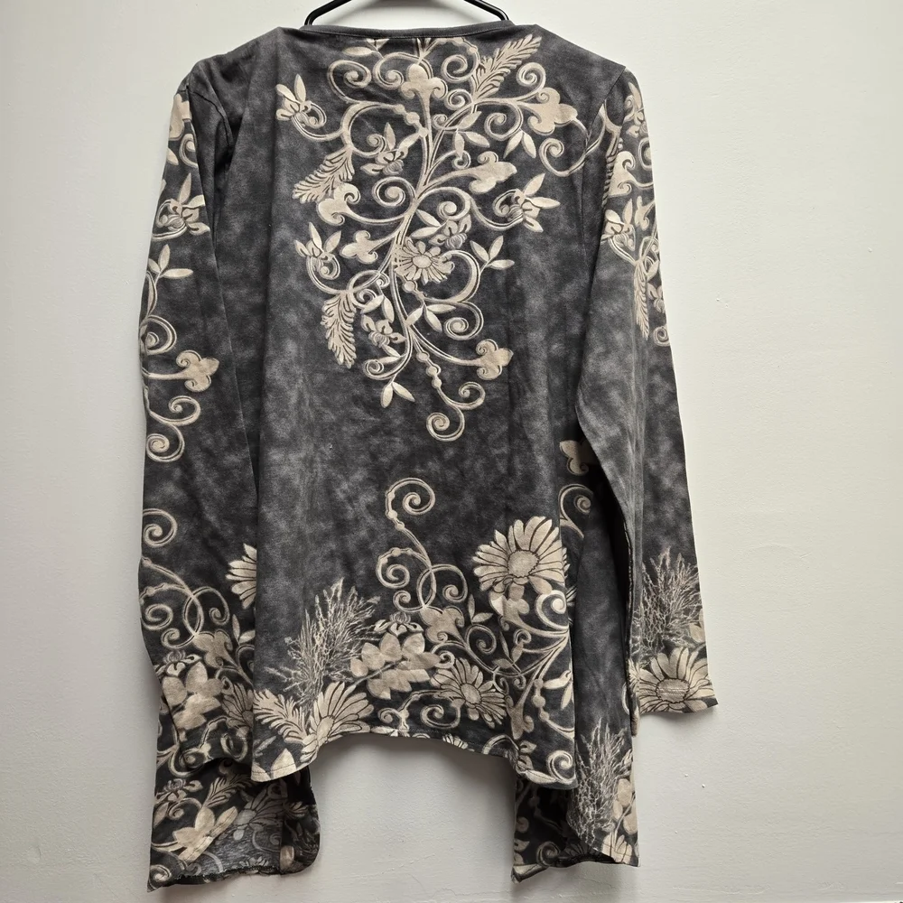 Take Two Cardigan L Gray Beige Floral Cotton Open Front Boho Cottagecore Soft - Picture 4 of 7